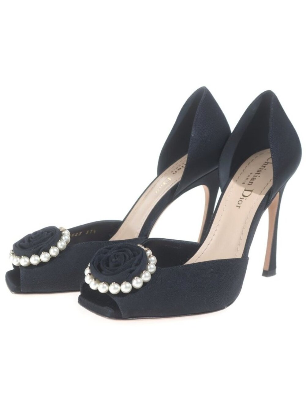 Dior Faux Pearl Flower Open Toe Heels Pumps Shoes Black